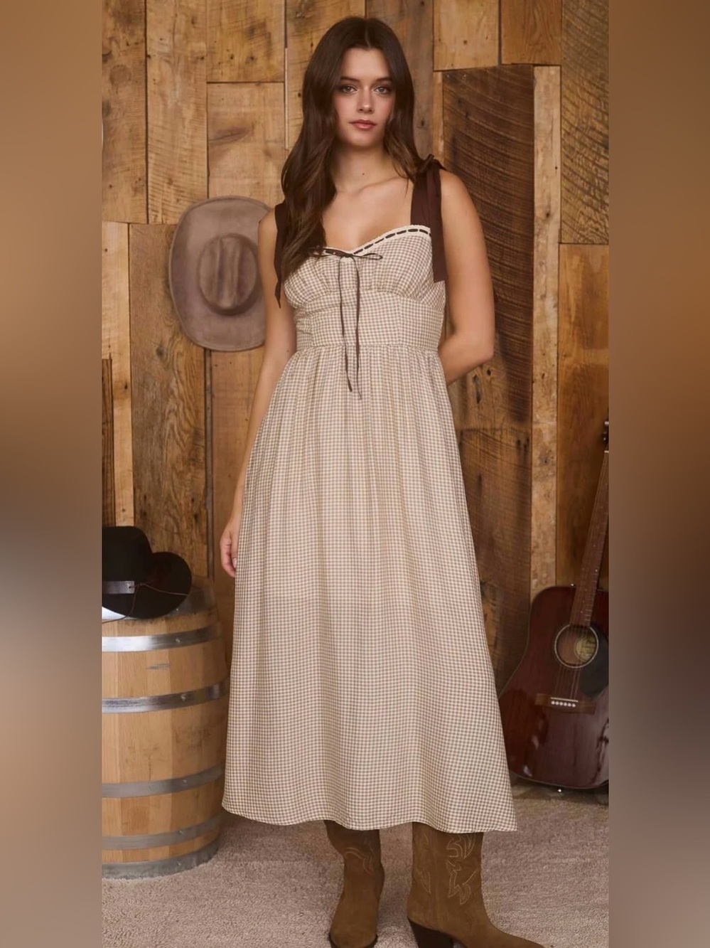 Blu Pepper Brown Gingham Tie-Strap Maxi Dress